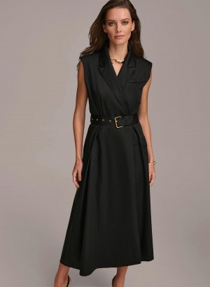 Black Donna Karan Belted Asymmetrical Dress | MY_DK24347