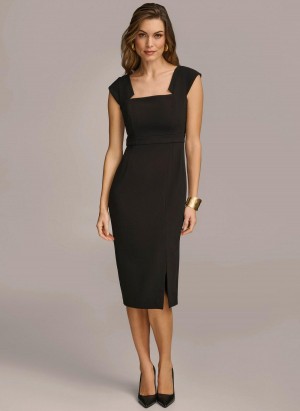 Black Donna Karan Cap Sleeve Square Neck Sheath With Slit Dress | MY_DK52409