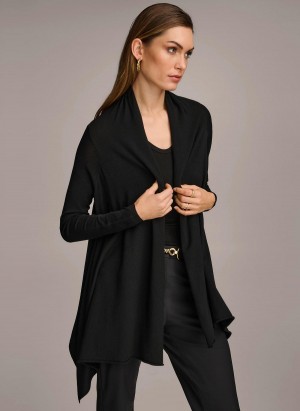 Black Donna Karan Long Sleeve Drape Cardigan Sweaters and Tops | MY_DK18548