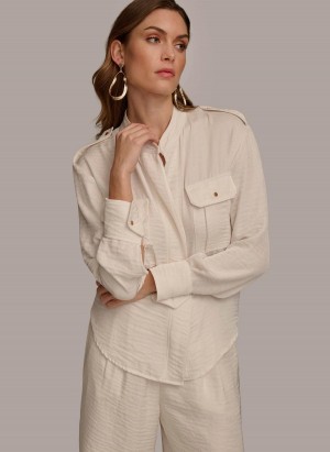 Cream Donna Karan Button Up With Pockets Sweaters and Tops | MY_DK54185