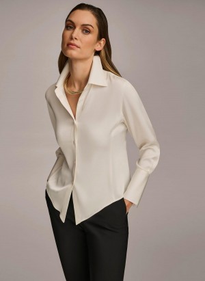 Cream Donna Karan Collared Button Down Blouse Sweaters and Tops | MY_DK94931