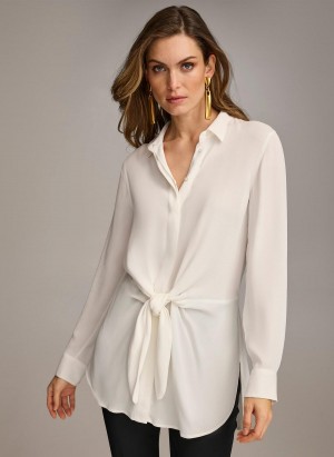 Cream Donna Karan Long Sleeve High-low With Tie At Waist Sweaters and Tops | MY_DK46336