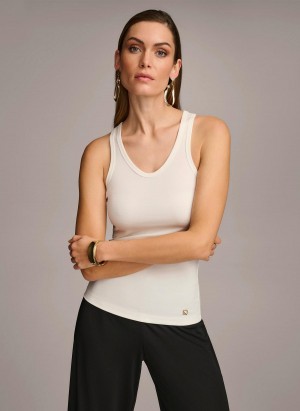 Cream Donna Karan Sleeveless Knit Shell Sweaters and Tops | MY_DK70844