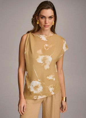 Gold Cream Donna Karan Printed Gathered Hardware Shoulder Sweaters and Tops | MY_DK63809