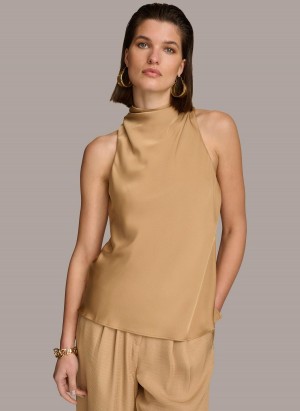 Gold Donna Karan High Drape Neck Sweaters and Tops | MY_DK82693