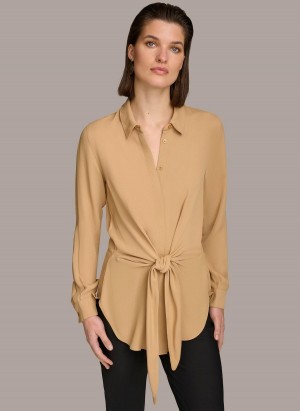 Gold Donna Karan Long Sleeve High-low With Tie At Waist Sweaters and Tops | MY_DK36025