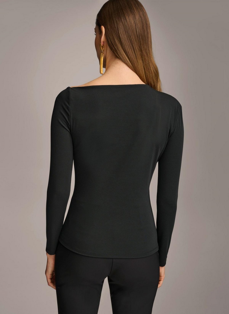 Black Donna Karan Asymmetrical Neckline Fitted Sweaters and Tops | MY_DK51845