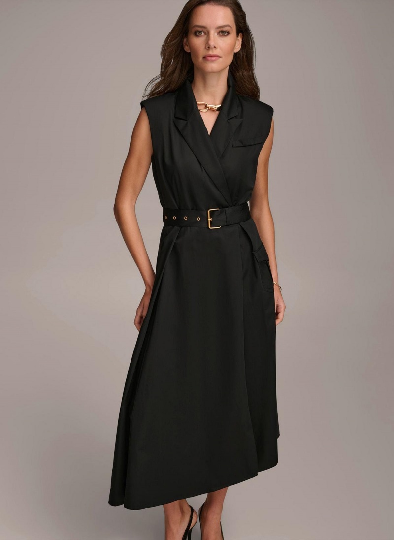 Black Donna Karan Belted Asymmetrical Dress | MY_DK24347