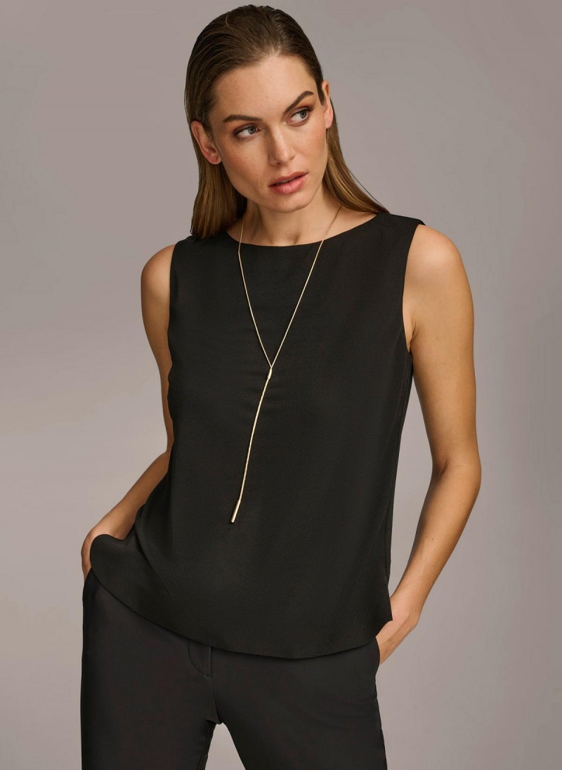 Black Donna Karan Crew Neck Layering Knit Sweaters and Tops | MY_DK88467