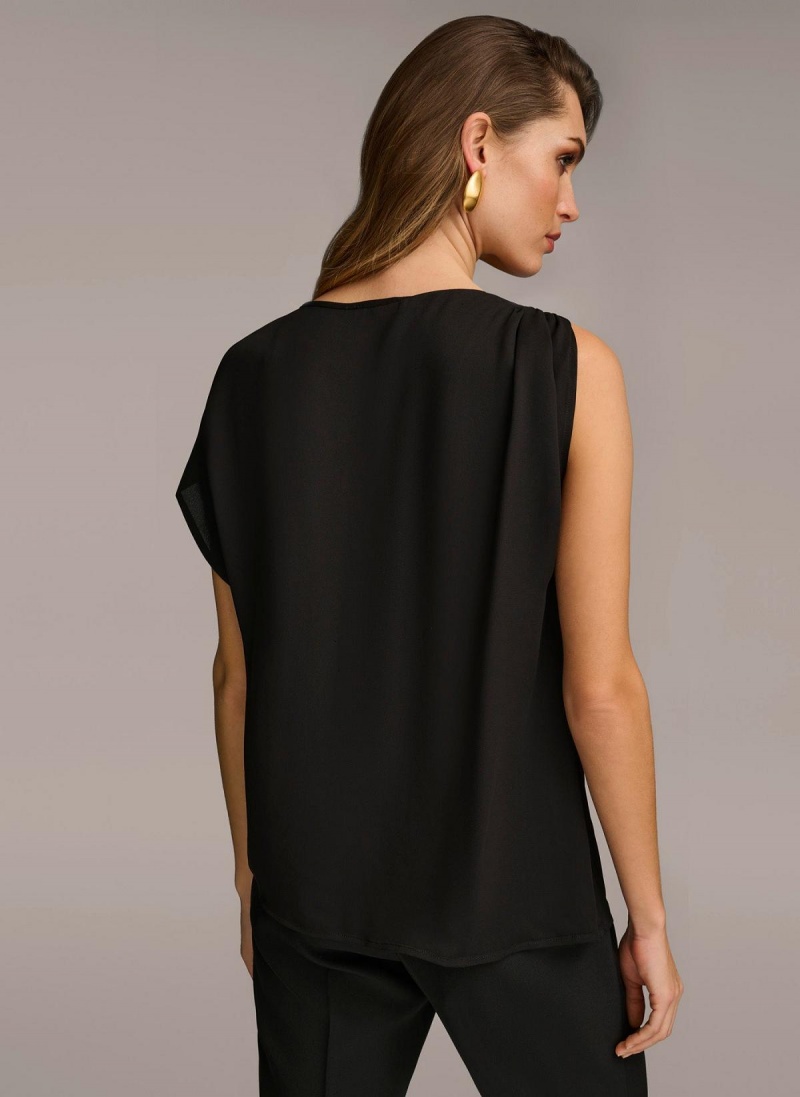 Black Donna Karan Gathered Hardware Shoulder Sweaters and Tops | MY_DK83382