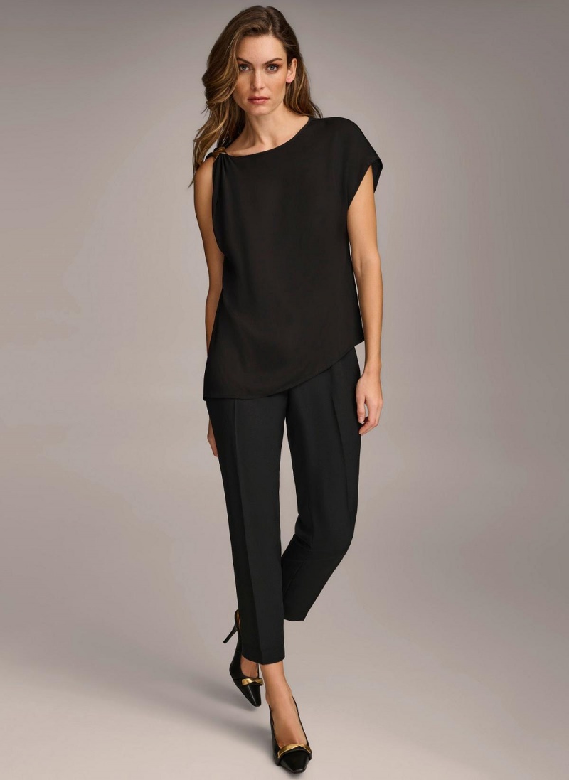 Black Donna Karan Gathered Hardware Shoulder Sweaters and Tops | MY_DK83382