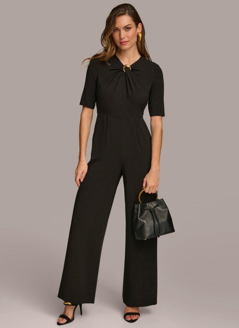 Black Donna Karan Half Sleeve Twist Neck Jumpsuit | MY_DK70442