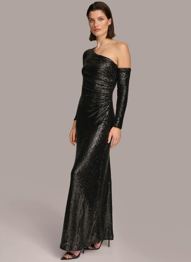 Black Donna Karan One Shoulder Sequin Dress | MY_DK65900