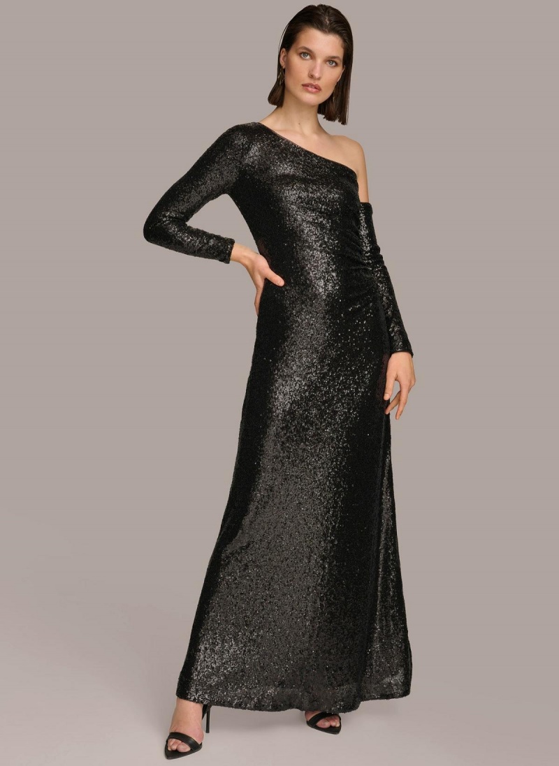 Black Donna Karan One Shoulder Sequin Dress | MY_DK65900