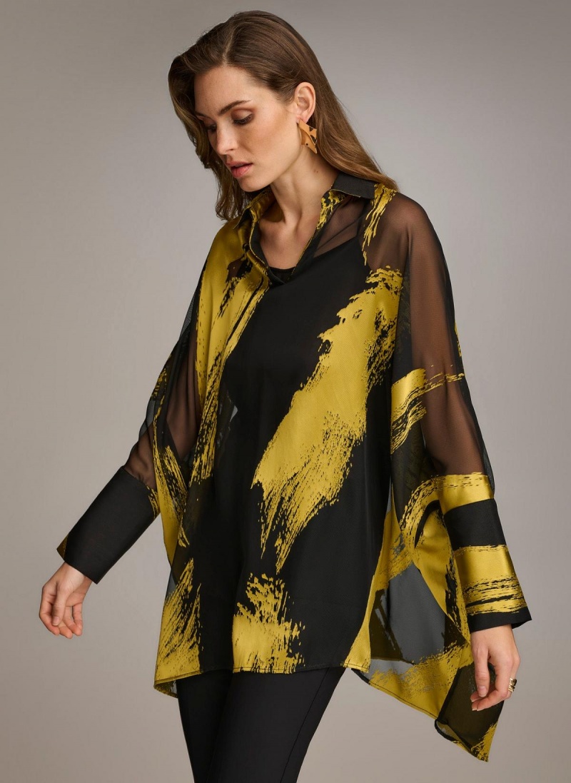 Black Donna Karan Print Collared Tunic Sweaters and Tops | MY_DK24171