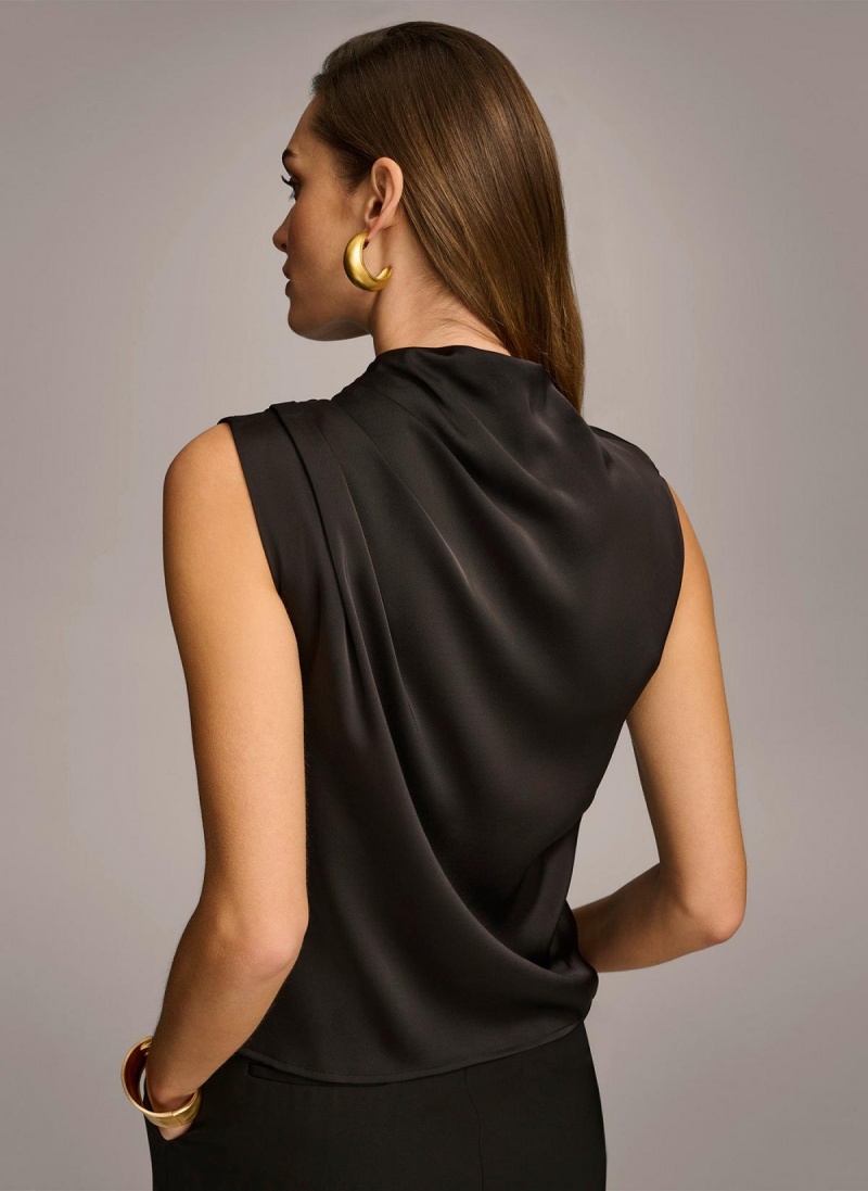 Black Donna Karan Sleeveless Draped Mockneck Sweaters and Tops | MY_DK61939