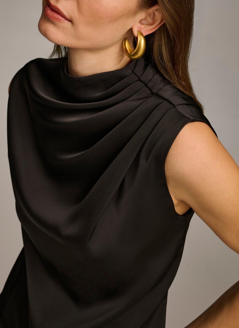 Black Donna Karan Sleeveless Draped Mockneck Sweaters and Tops | MY_DK61939