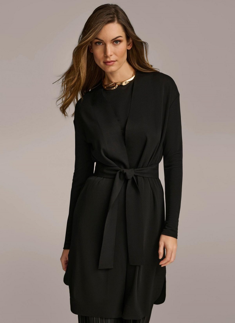 Black Donna Karan Tie Waist Cardigan Sweaters and Tops | MY_DK87767