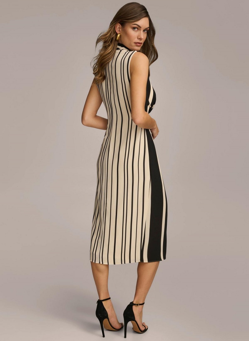 Black Donna Karan V Neck Striped Midi Dress | MY_DK41272