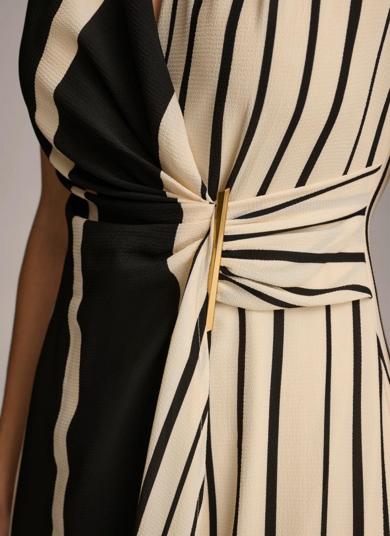 Black Donna Karan V Neck Striped Midi Dress | MY_DK41272