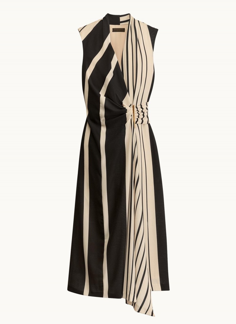 Black Donna Karan V Neck Striped Midi Dress | MY_DK41272