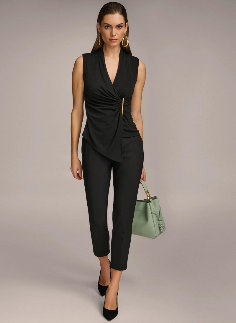 Black Donna Karan V-neck With Hardware And Ruched Detail Sweaters and Tops | MY_DK59168