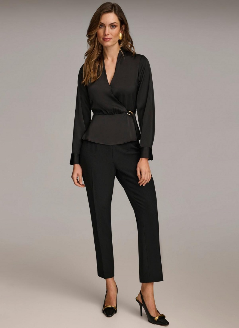 Black Donna Karan Wrap Blouse With Tie Sweaters and Tops | MY_DK61839