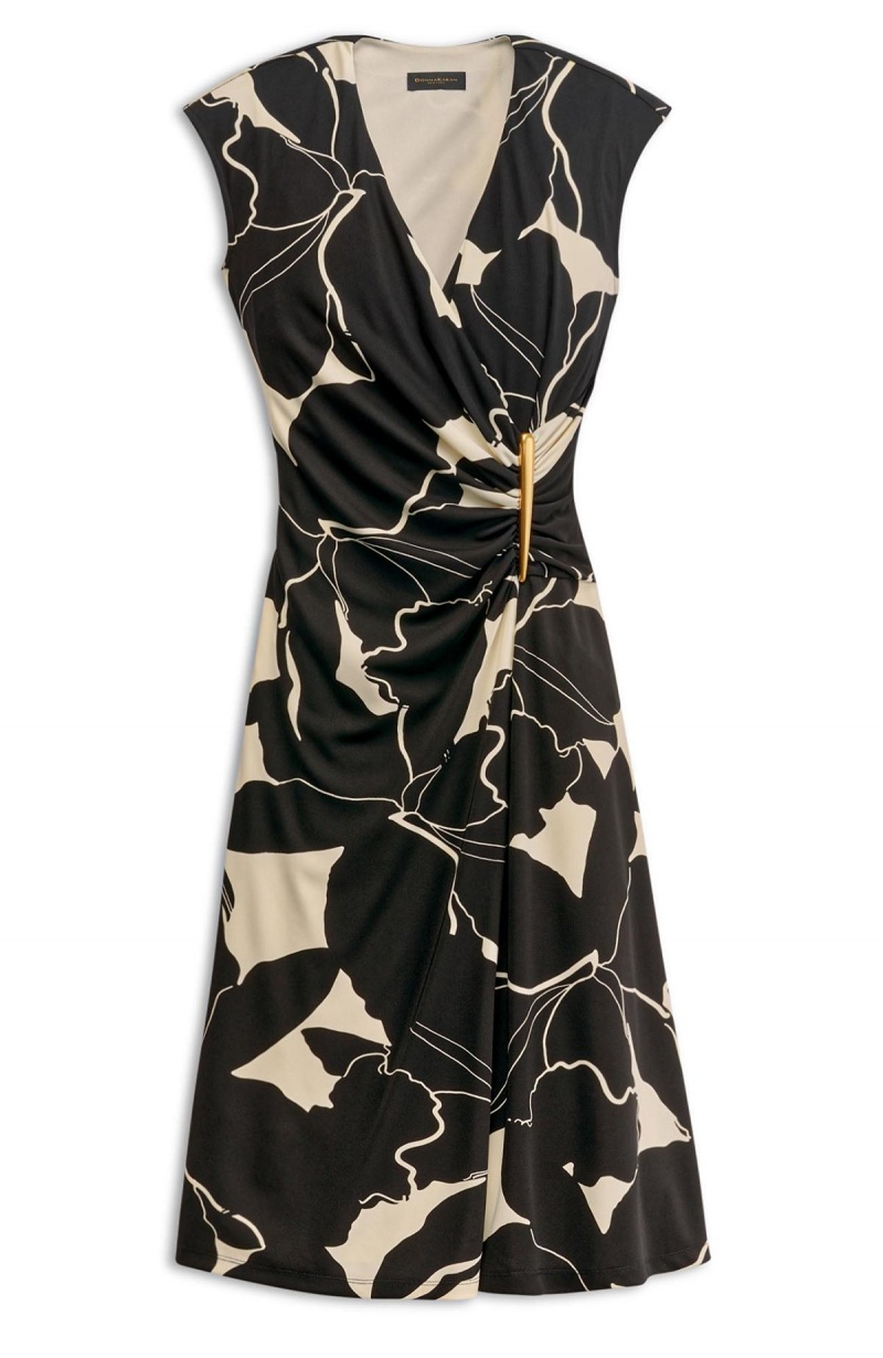 Black / Cream Donna Karan Vneck Midi Dress | MY_DK99223