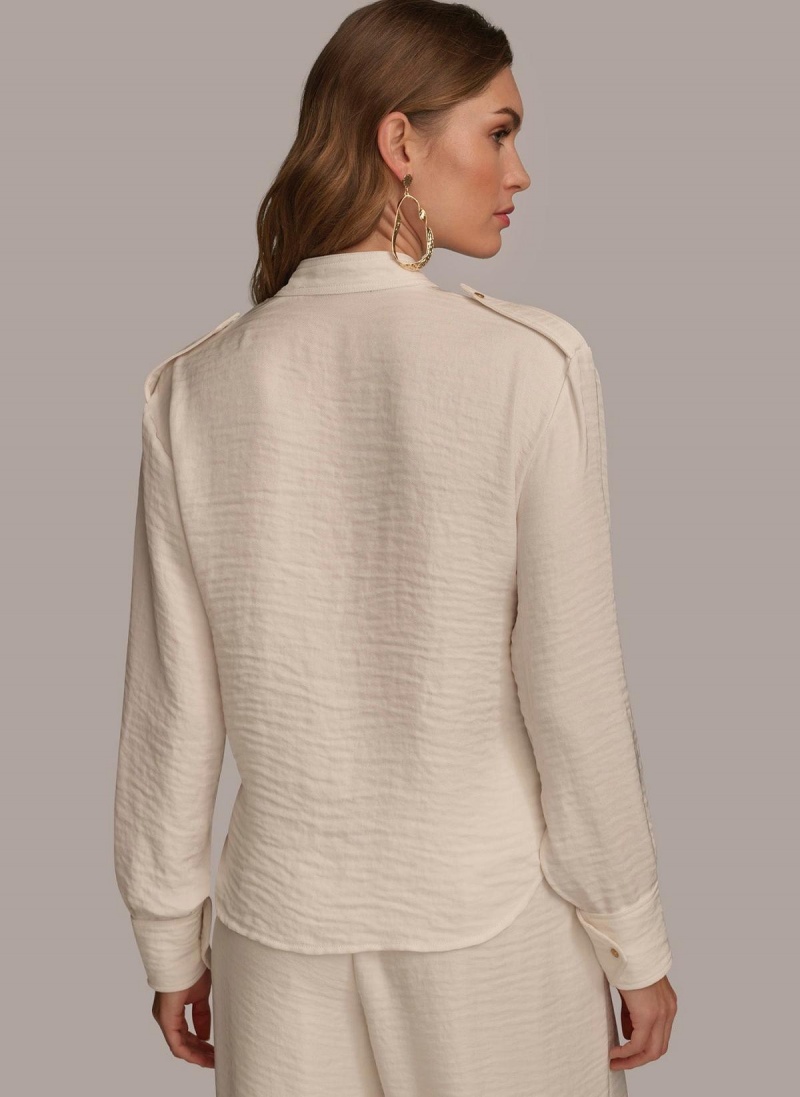 Cream Donna Karan Button Up With Pockets Sweaters and Tops | MY_DK54185