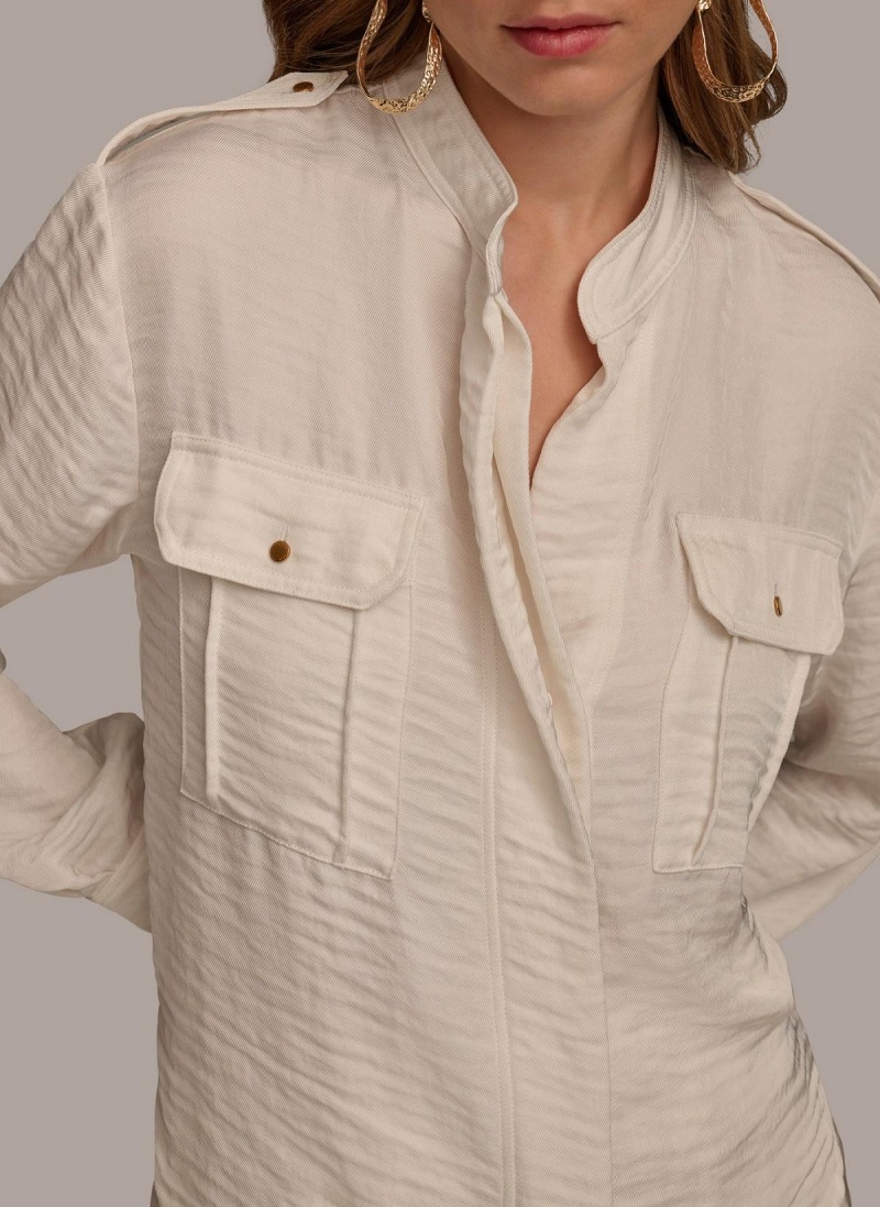 Cream Donna Karan Button Up With Pockets Sweaters and Tops | MY_DK54185