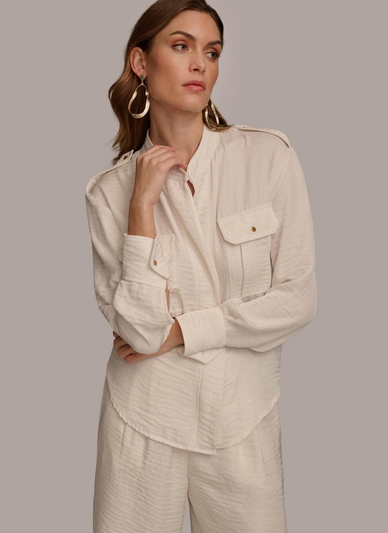 Cream Donna Karan Button Up With Pockets Sweaters and Tops | MY_DK54185