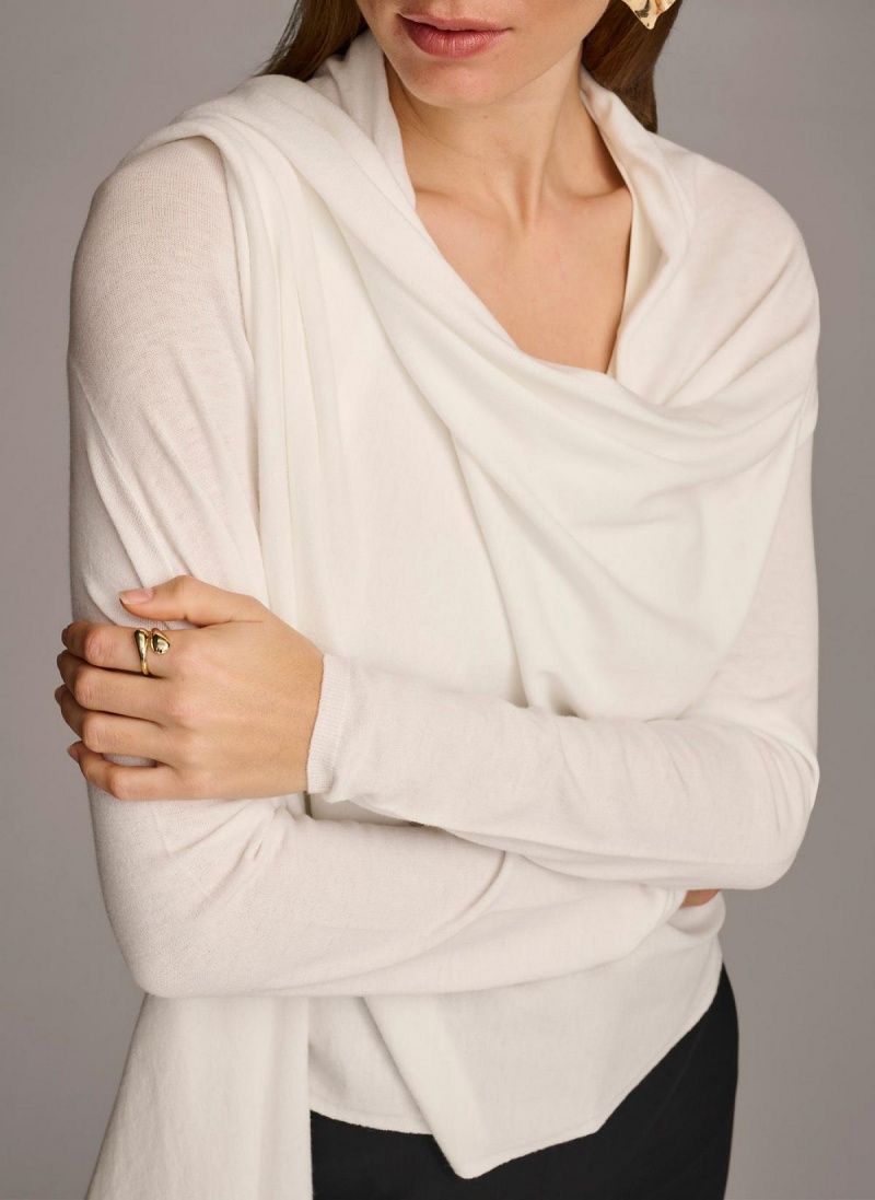 Cream Donna Karan Long Sleeve Drape Cardigan Sweaters and Tops | MY_DK48324