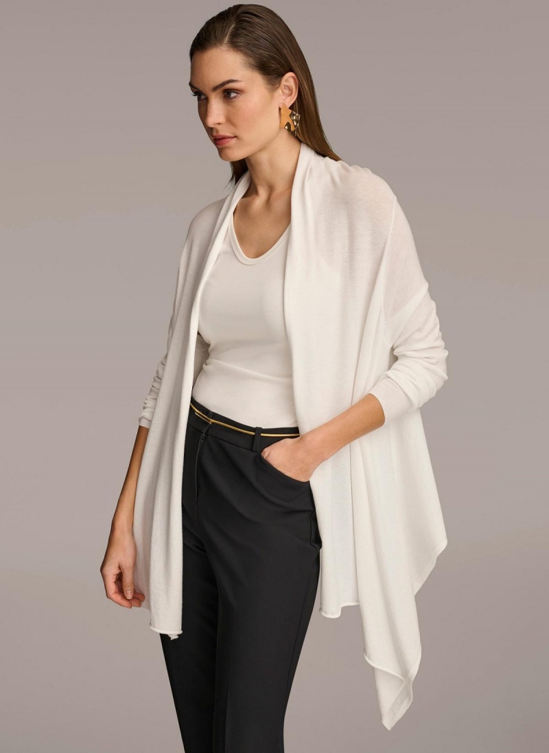 Cream Donna Karan Long Sleeve Drape Cardigan Sweaters and Tops | MY_DK48324