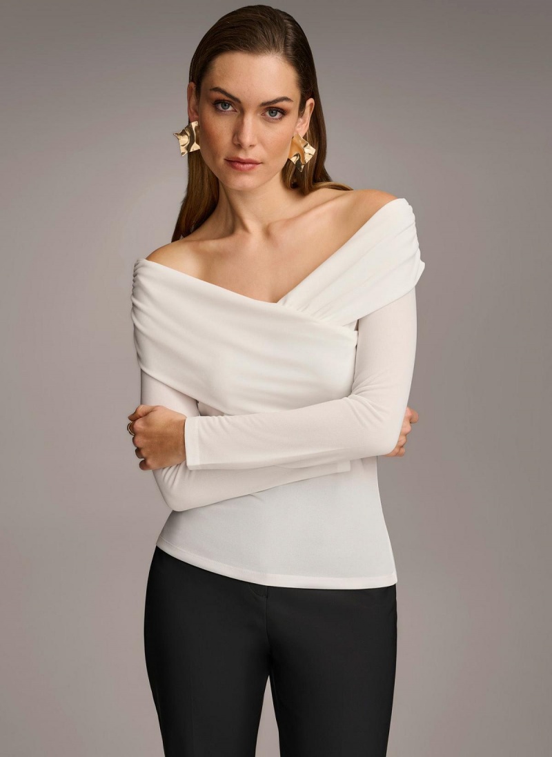 Cream Donna Karan Off Shoulder Wrap Sweaters and Tops | MY_DK63663