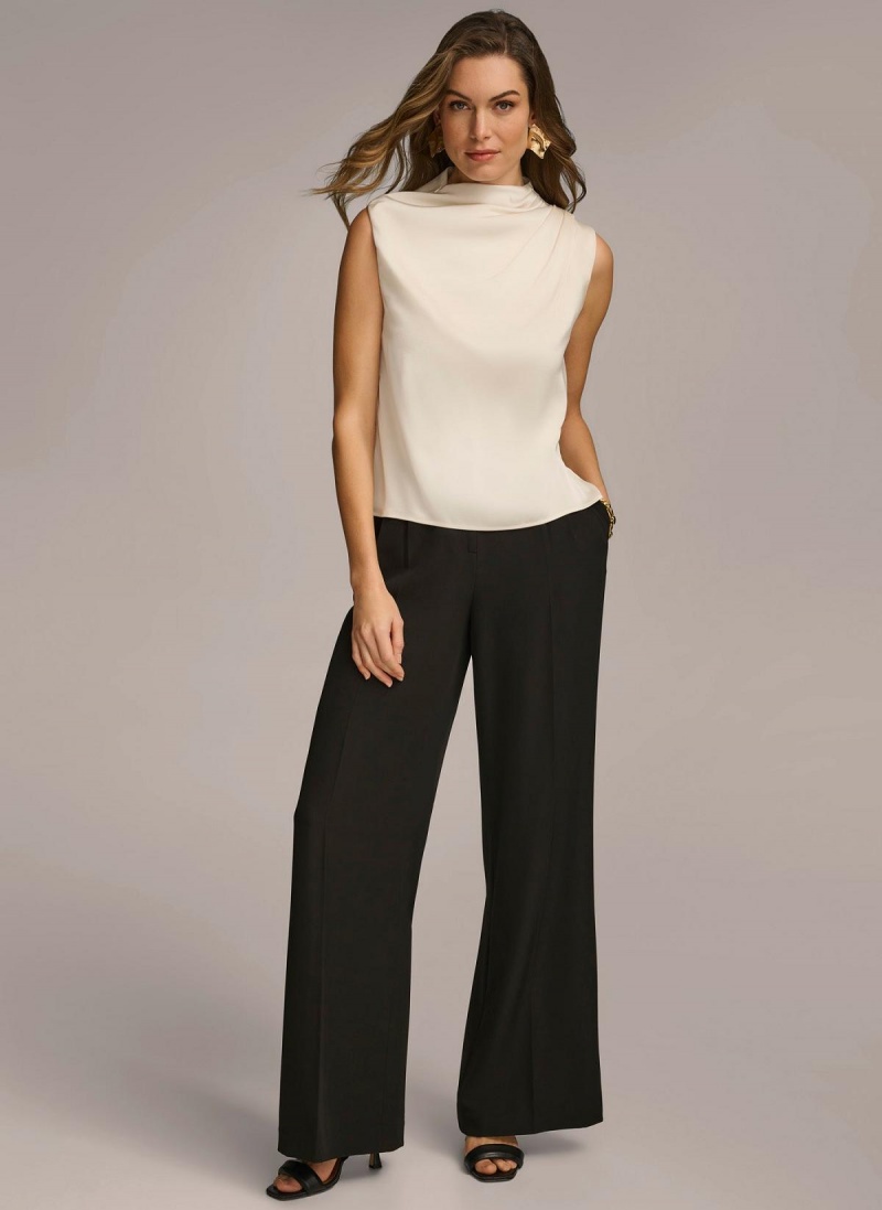 Cream Donna Karan Sleeveless Draped Mockneck Sweaters and Tops | MY_DK52767