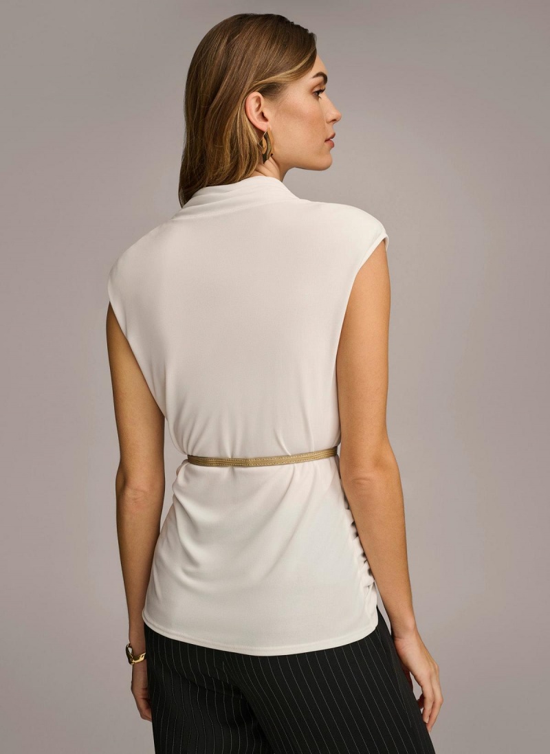 Cream Donna Karan Sleeveless Mock Neck Knit Sweaters and Tops | MY_DK72440