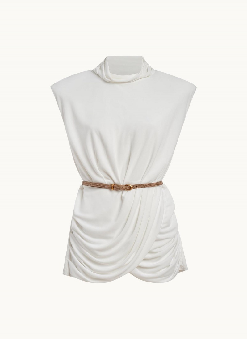 Cream Donna Karan Sleeveless Mock Neck Knit Sweaters and Tops | MY_DK72440