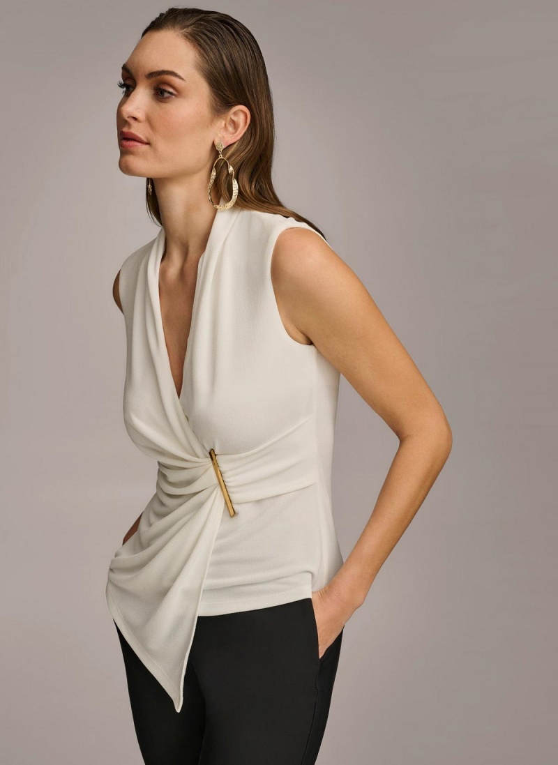 Cream Donna Karan V-neck With Hardware And Ruched Detail Sweaters and Tops | MY_DK44442