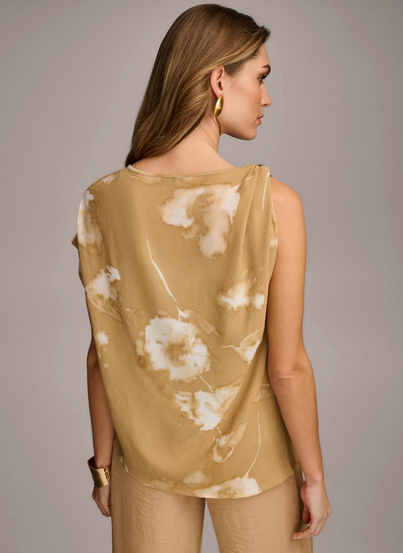 Gold Cream Donna Karan Printed Gathered Hardware Shoulder Sweaters and Tops | MY_DK63809