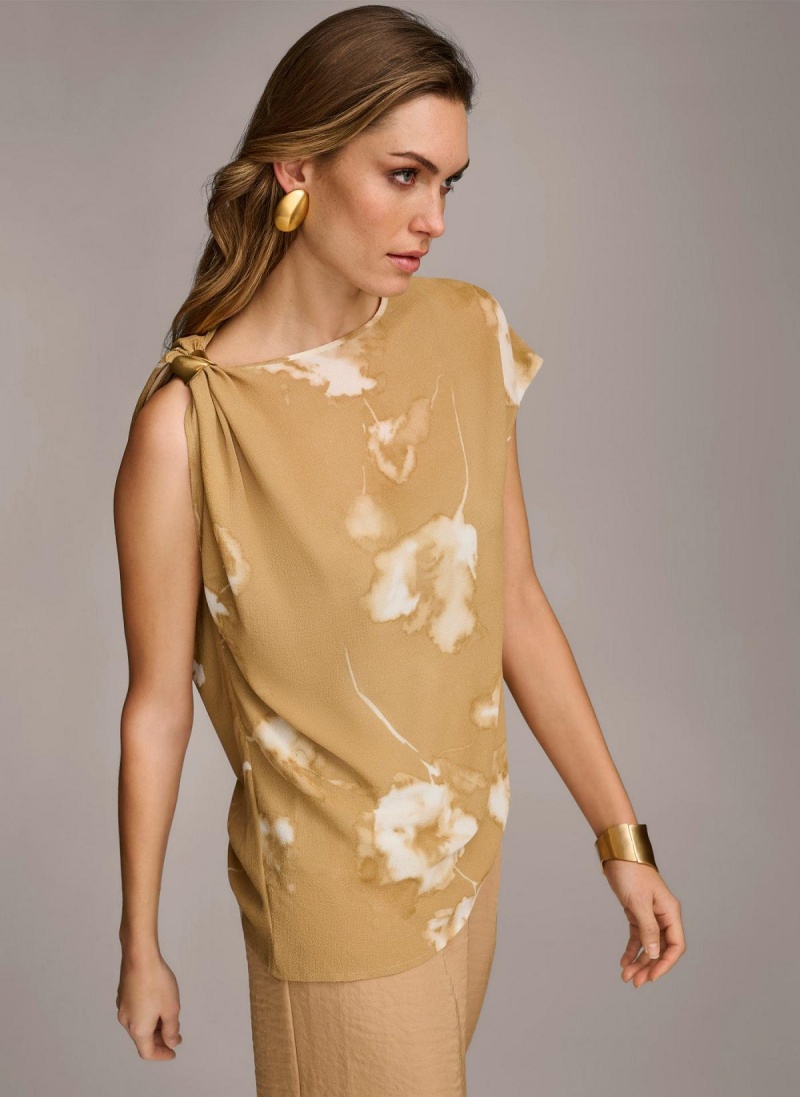 Gold Cream Donna Karan Printed Gathered Hardware Shoulder Sweaters and Tops | MY_DK63809