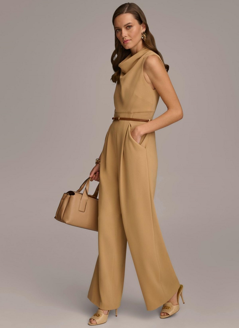 Gold Donna Karan Cowl Neck Belted With Pockets Jumpsuit | MY_DK70656