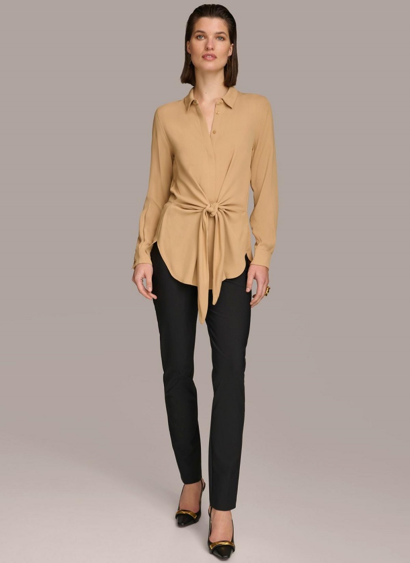 Gold Donna Karan Long Sleeve High-low With Tie At Waist Sweaters and Tops | MY_DK36025