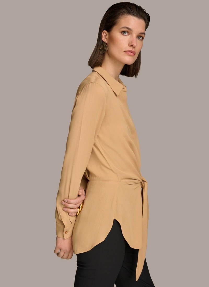 Gold Donna Karan Long Sleeve High-low With Tie At Waist Sweaters and Tops | MY_DK36025