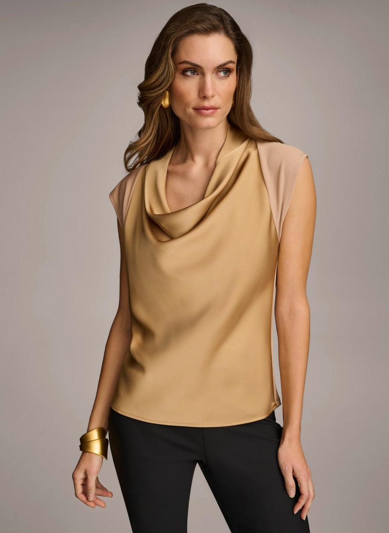 Gold Donna Karan Sleeveless Cowl Neck Sweaters and Tops | MY_DK74769