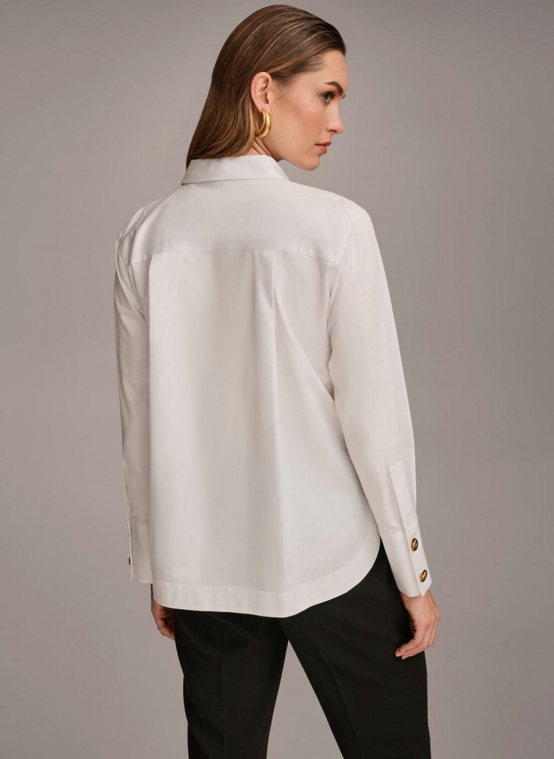 White Donna Karan Cotton Collared Button Down Sweaters and Tops | MY_DK30053