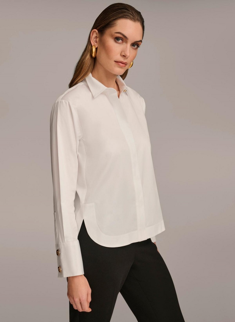 White Donna Karan Cotton Collared Button Down Sweaters and Tops | MY_DK30053