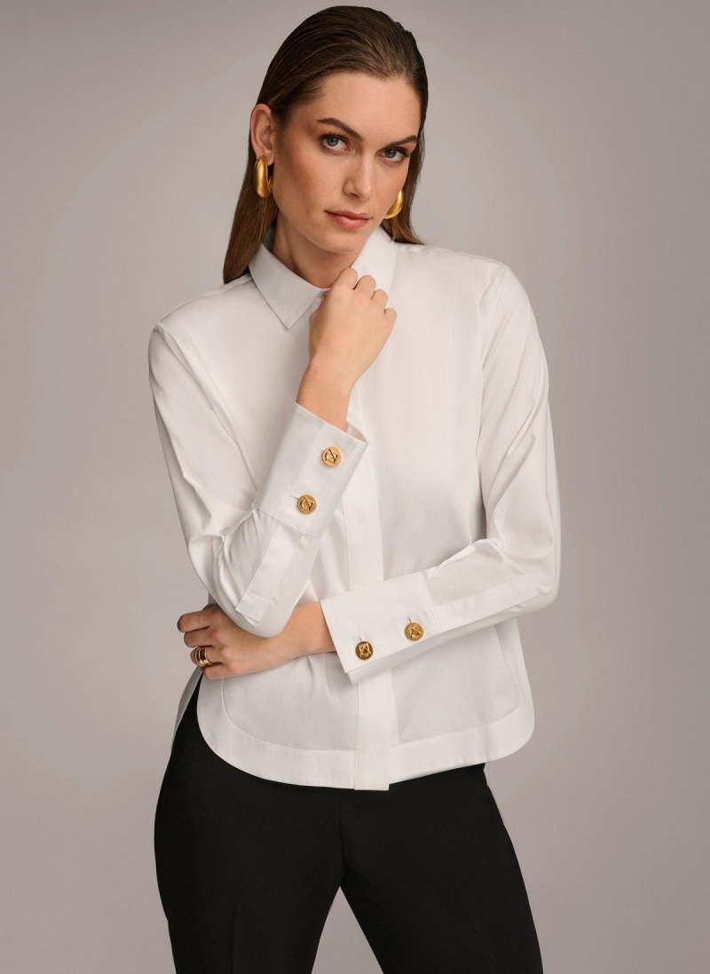 White Donna Karan Cotton Collared Button Down Sweaters and Tops | MY_DK30053