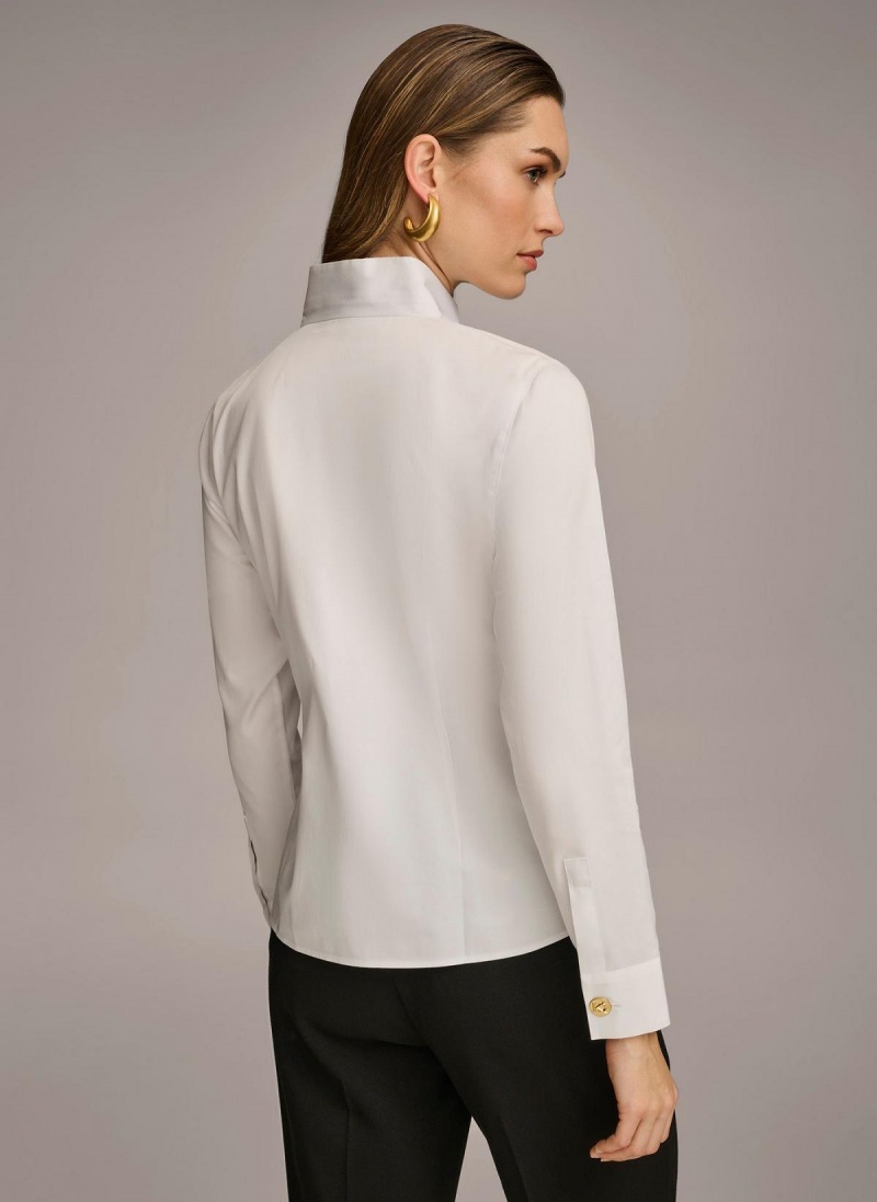 White Donna Karan Cotton Notch Collar Button Down Sweaters and Tops | MY_DK66132