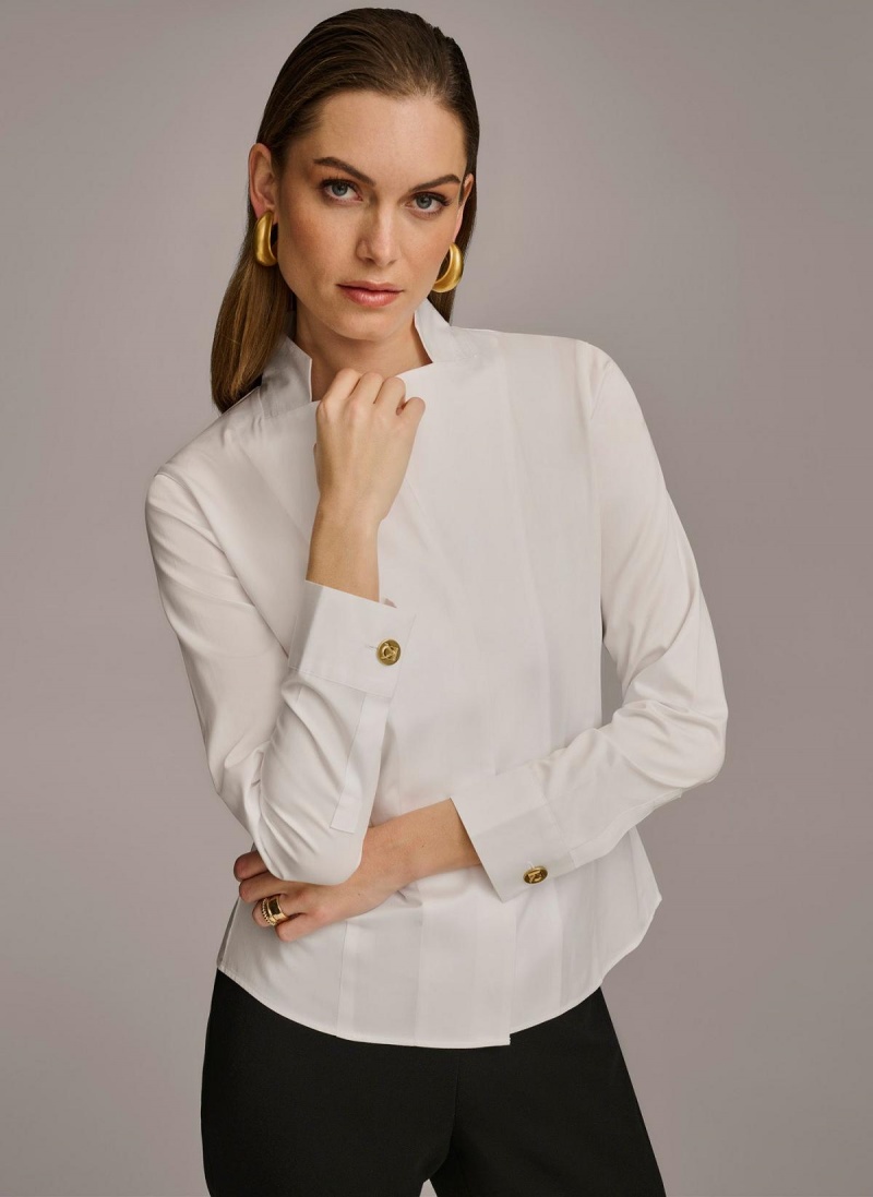 White Donna Karan Cotton Notch Collar Button Down Sweaters and Tops | MY_DK66132