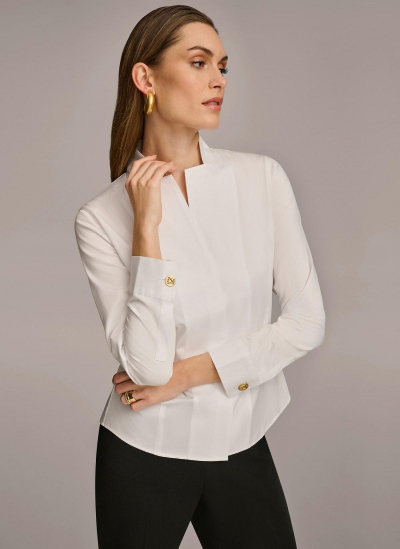 White Donna Karan Cotton Notch Collar Button Down Sweaters and Tops | MY_DK66132